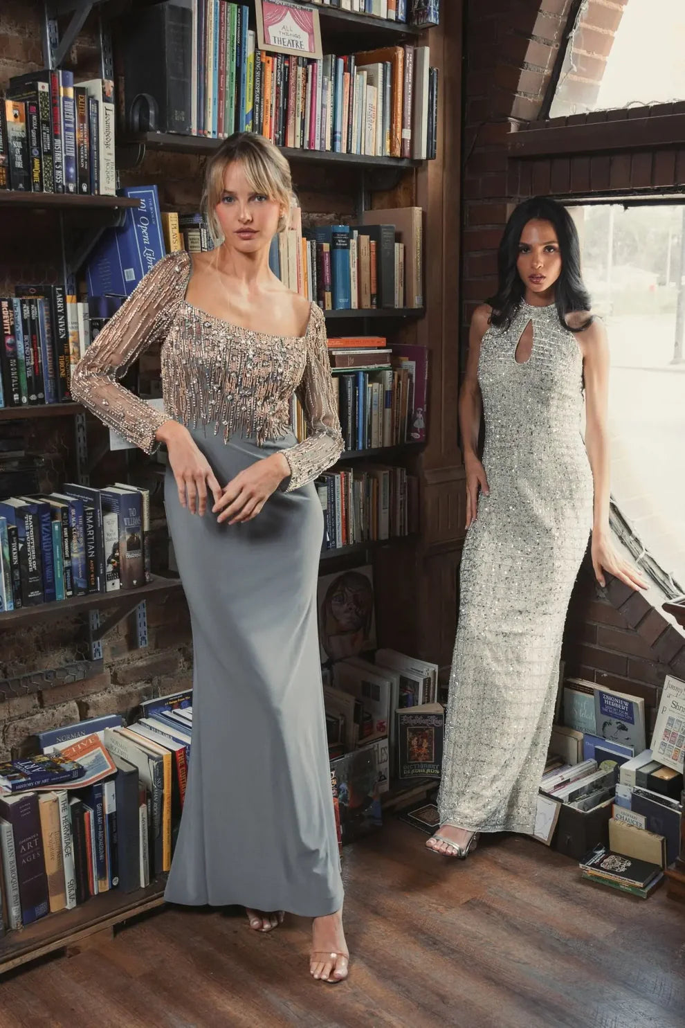 Mac Duggal 2256 Black Beaded Square Neck Long Sleeve Jersey Gown