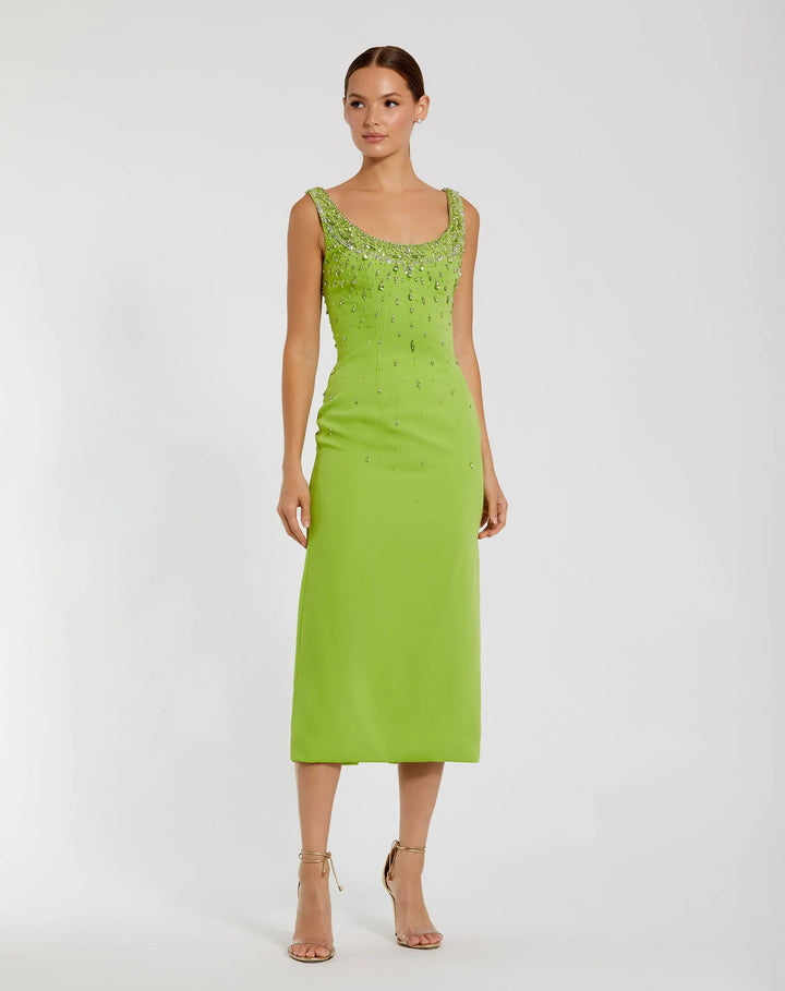 Mac Duggal 2259 Green Beaded Crepe Scoop Neck Sleeveless Midi Dress - FOSTANI.com