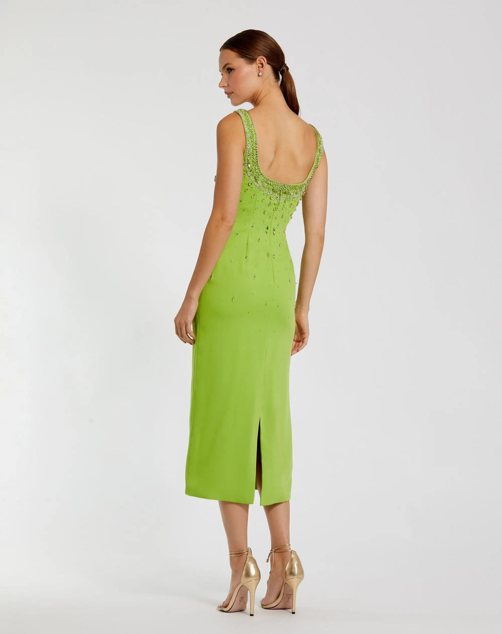 Mac Duggal 2259 Green Beaded Crepe Scoop Neck Sleeveless Midi Dress - FOSTANI.com