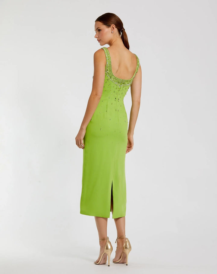 Mac Duggal 2259 Green Beaded Crepe Scoop Neck Sleeveless Midi Dress - FOSTANI.com
