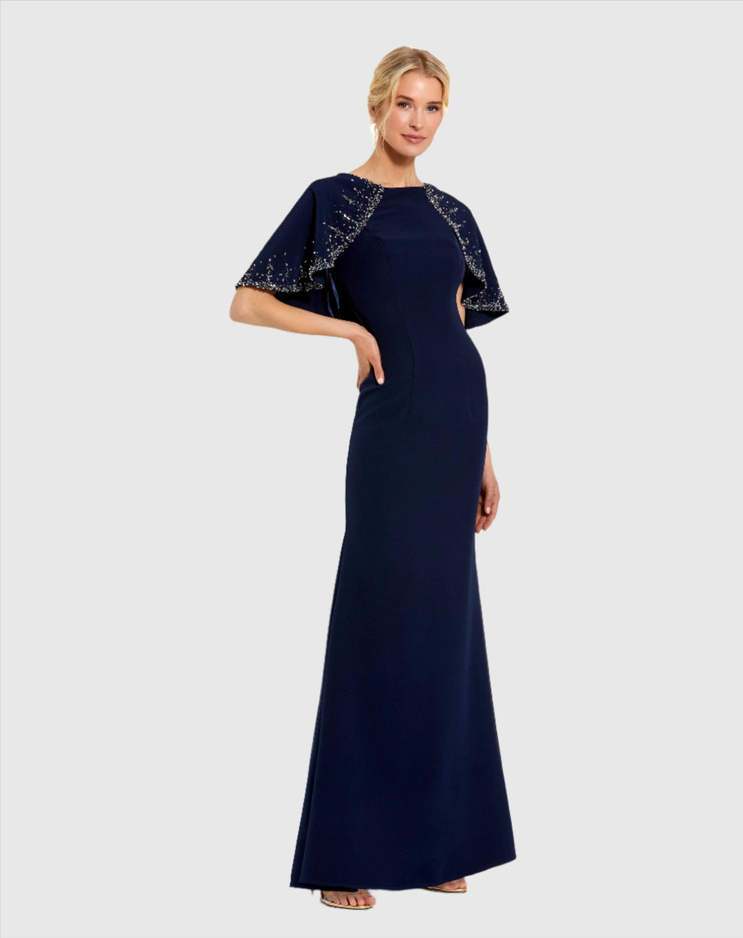 Mac Duggal - Navy Crepe High Neck Fitted Gown With Beaded Shawl - Midnight / US 12 Mac Duggal - Navy Crepe High Neck Fitted Gown With Beaded Shawl - Midnight / US 12