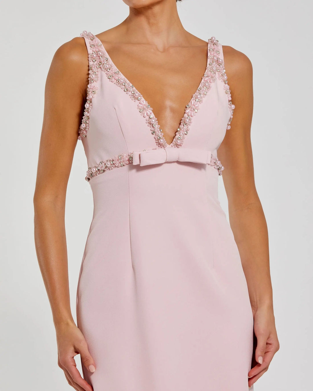 Pink Crepe Fitted Midi Dress With Bow And Beaded Trim - FOSTANI.com