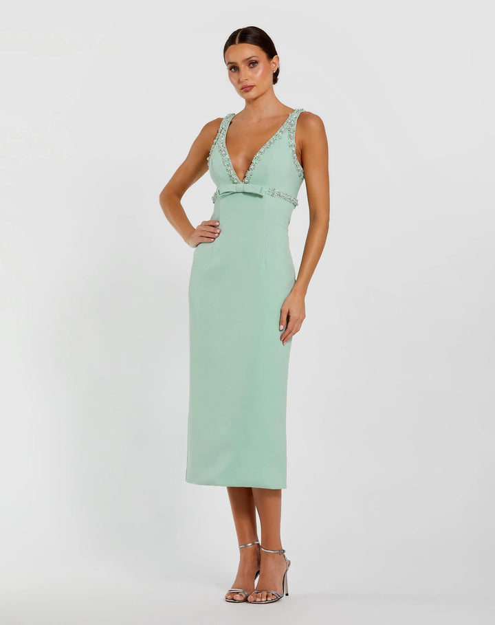 Green Crepe Fitted Midi Dress With Bow And Beaded Trim - FOSTANI.com