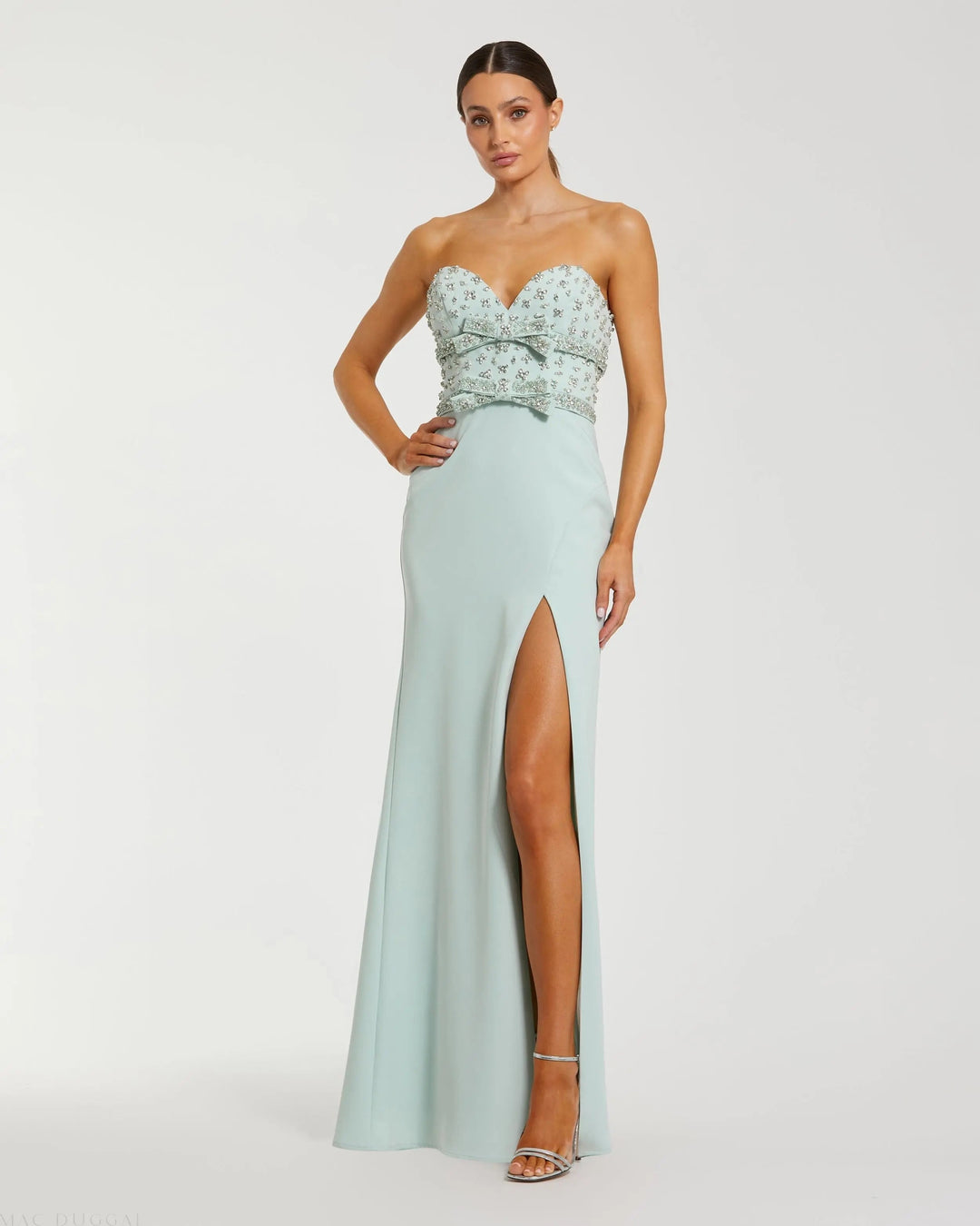 mac duggal green prom dress Green Ruched Tiered Spaghetti Strap Gown