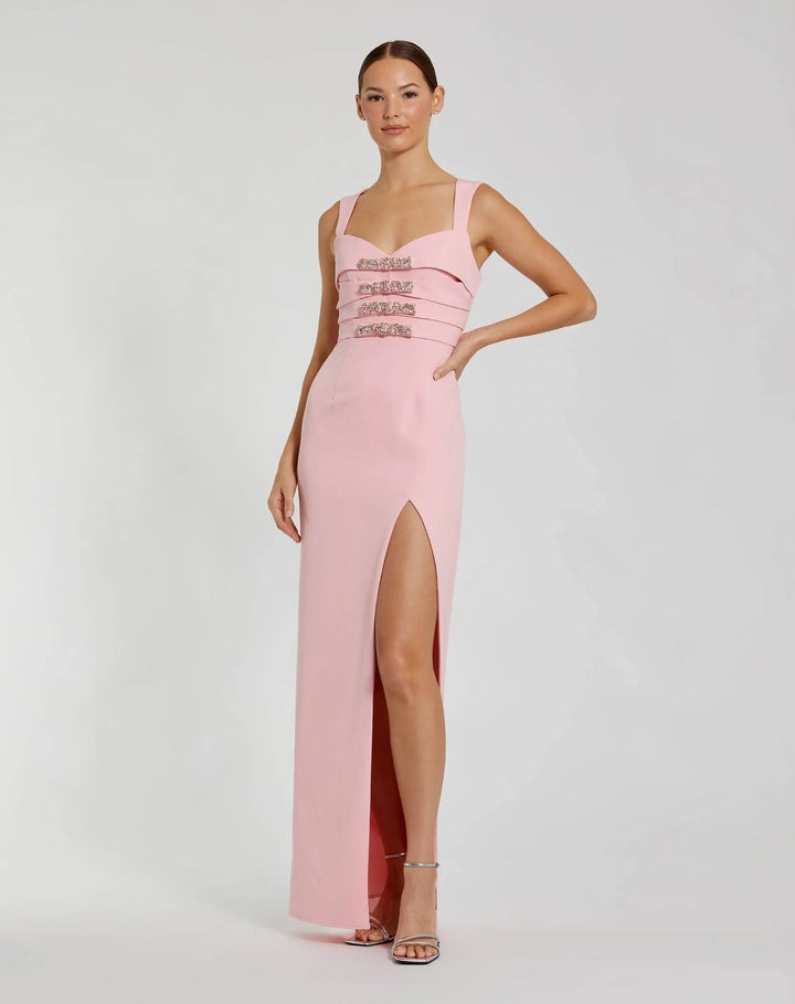 Pink Sleeveless Crepe Gown With Embellished Bows - FOSTANI.com