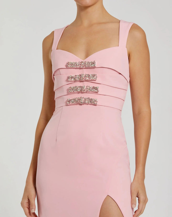 Pink Sleeveless Crepe Gown With Embellished Bows - FOSTANI.com