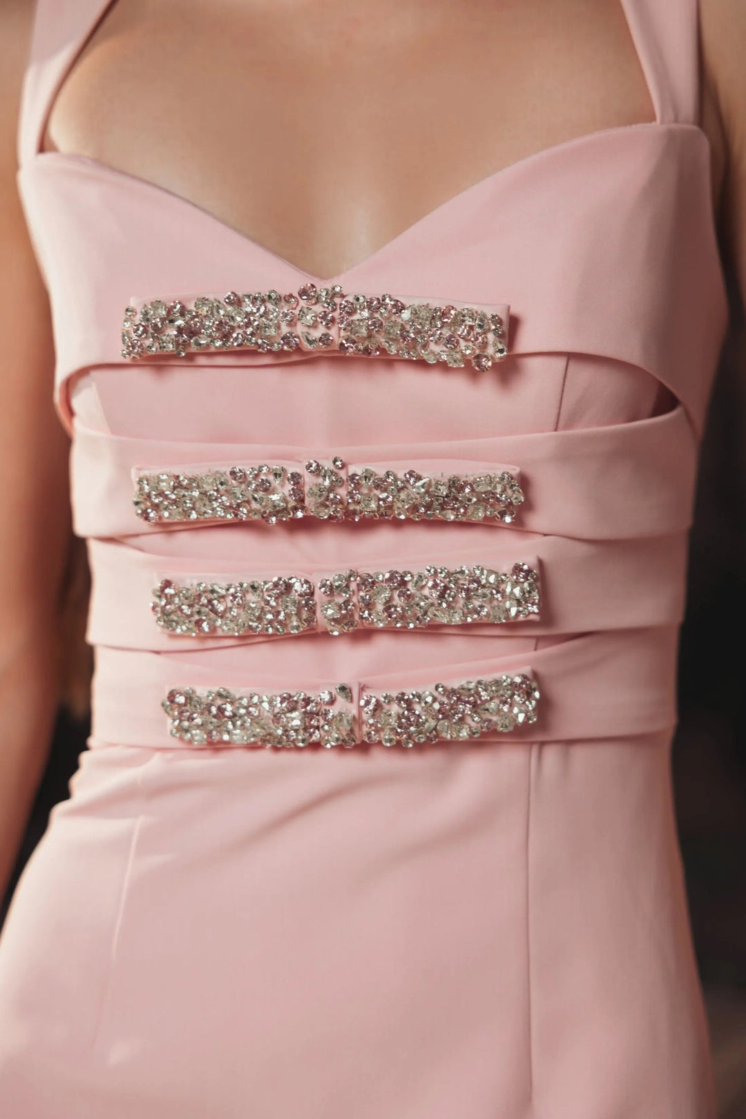 Pink Sleeveless Crepe Gown With Embellished Bows - FOSTANI.com