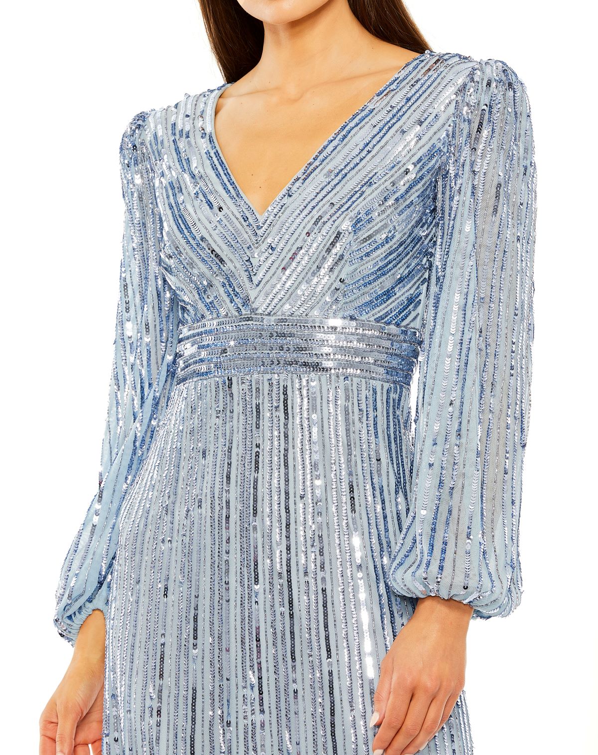 A-Line V-Neck Sequin Ruffle Dress | Mac Duggal Slate Blue / US 8 A-Line V-Neck Sequin Ruffle Dress | Mac Duggal Slate Blue / US 8