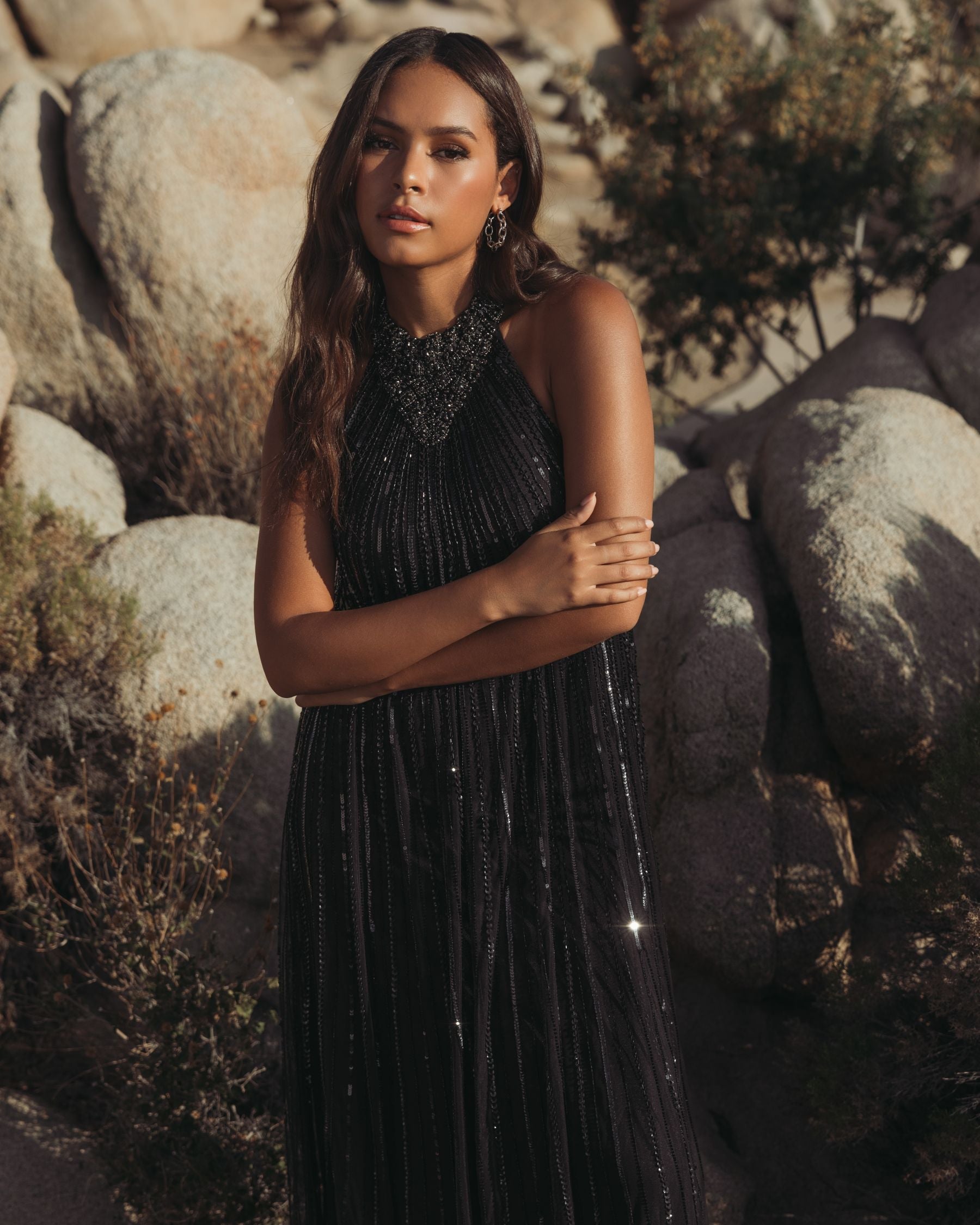 Mac Duggal - Sleeveless Halter Neck Embellished Trapeze Gown - Black Mac Duggal - Sleeveless Halter Neck Embellished Trapeze Gown - Black