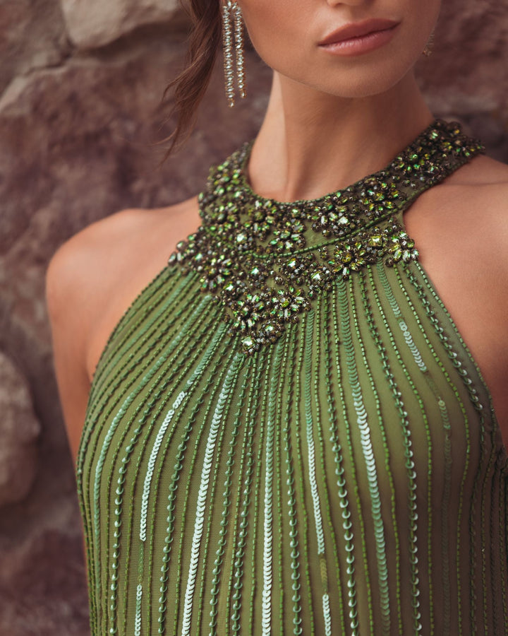 Mac Duggal 23043 Sleeveless Halter Neck Embellished Trapeze Dress