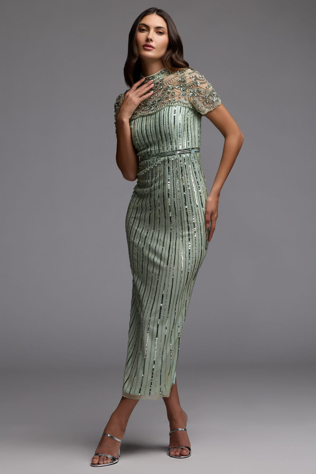 Green Beaded Mock Neck Midi Dress