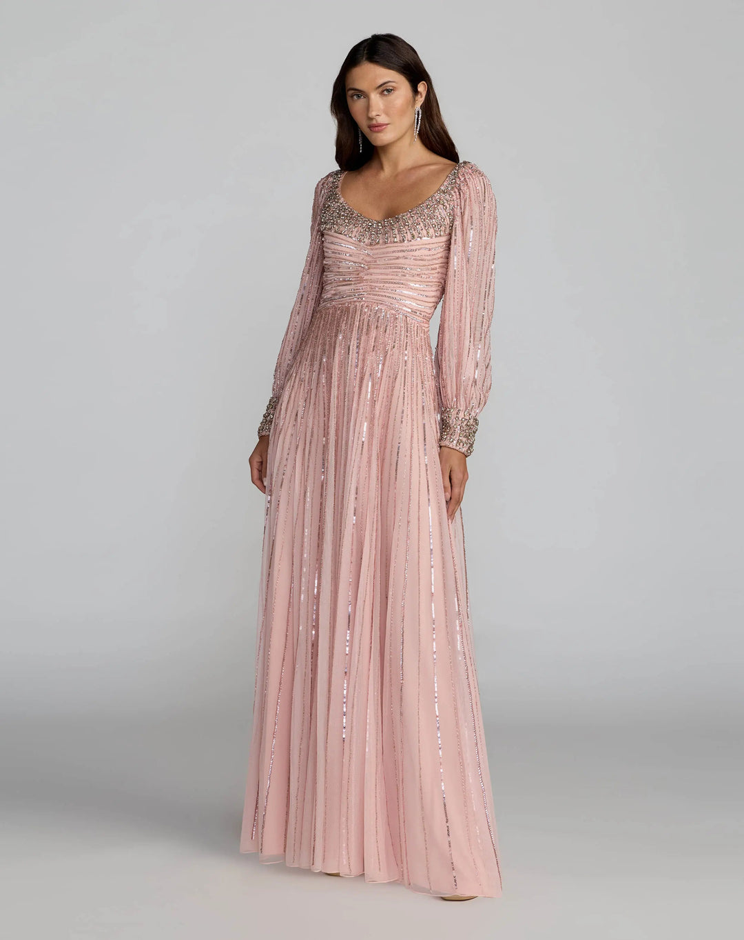 mac duggal pink dress long sleeve Pink Floral Embellished Cape Sleeve Gown