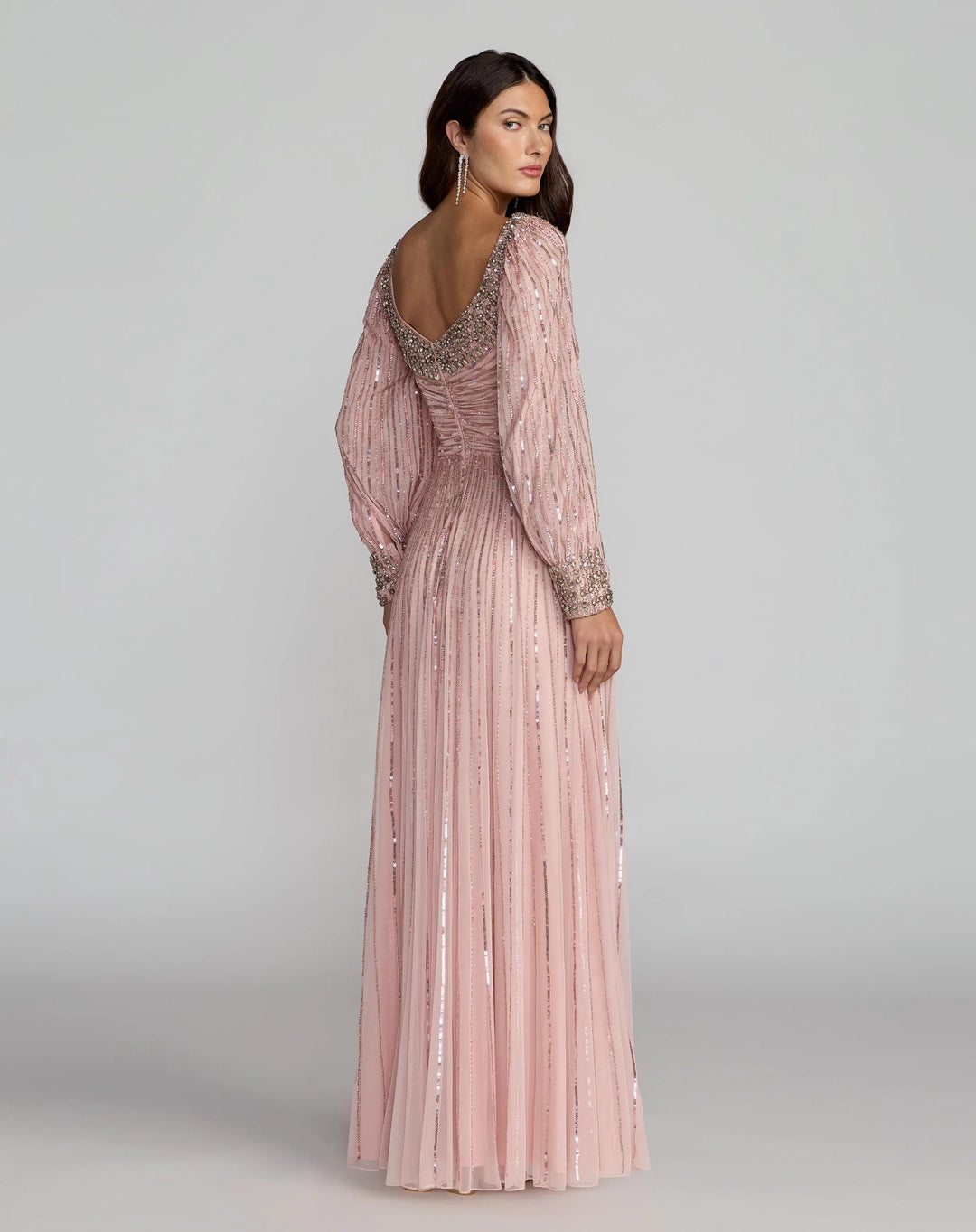 Pink Embellished Scoop Neck Long Sleeve A-Line Gown