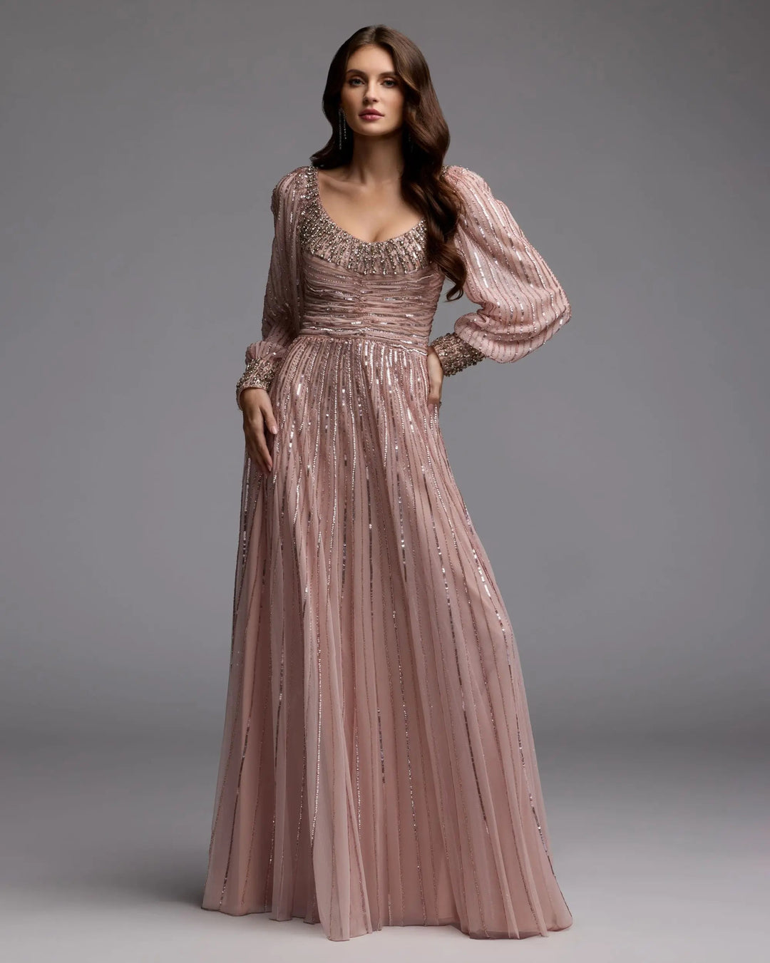 Mac Duggal 23085 Pink Embellished Long Sleeve Scoop Neck A-Line Gown