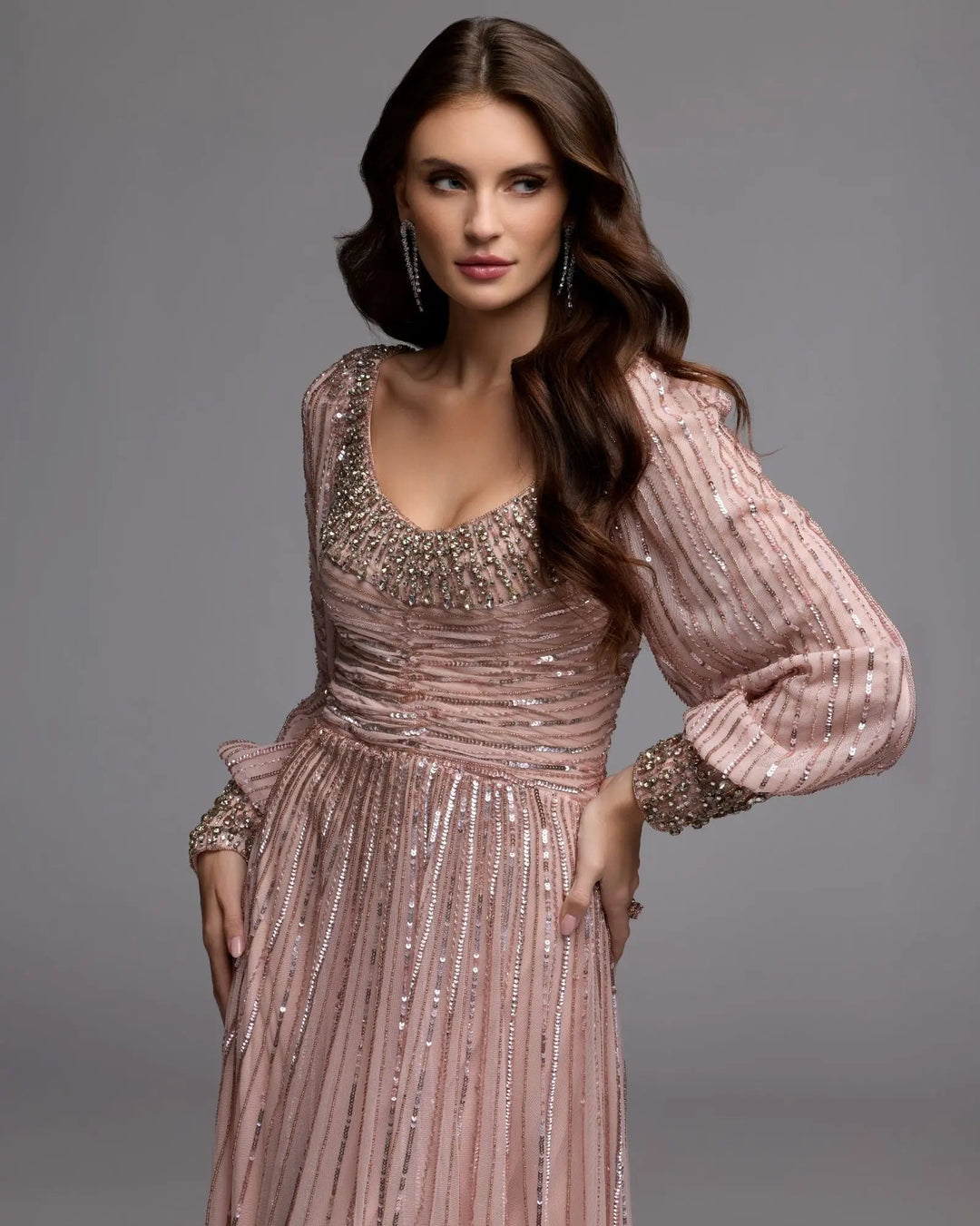 Mac Duggal 23085 Embellished Long Sleeve Scoop Neck A-Line Gown