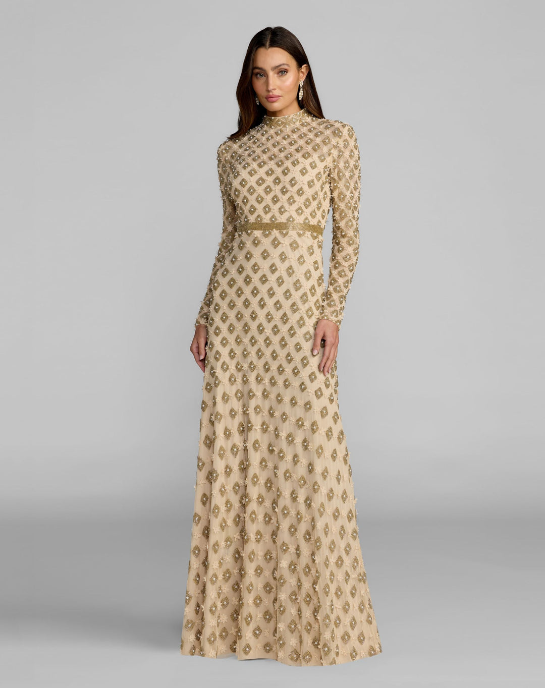 Mac Duggal - Gold Mock Neck Long Sleeve Embellished A-Line Gown