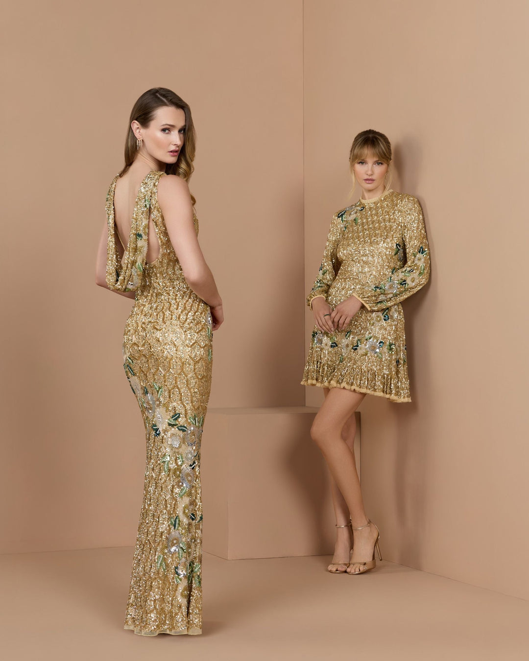 Mac Duggal 23102 Floral Hand Beaded Long Sleeve Mini Dress