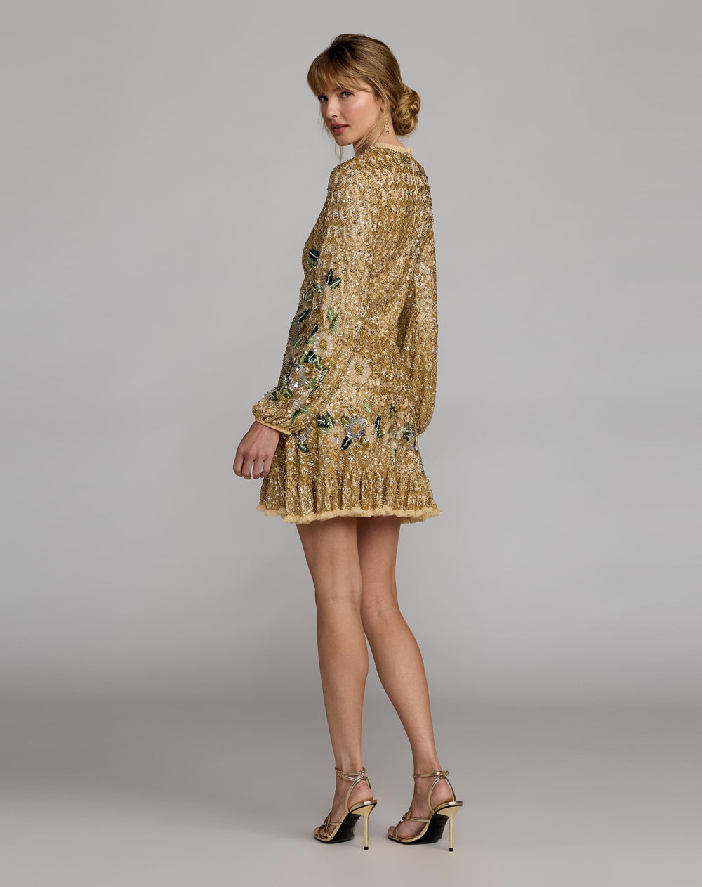 Mac Duggal 23102 Floral Hand Beaded Long Sleeve Mini Dress