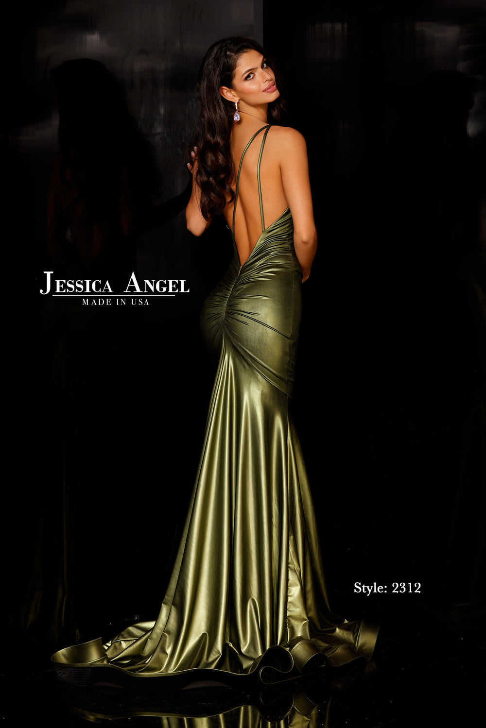 Jessica Angel 2312 one shoulder metallic mermaid gown back view