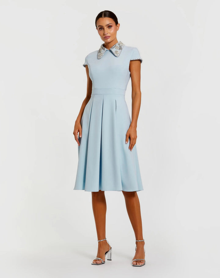 Blue Crepe Short Sleeve Midi Dress With Beading - FOSTANI.com