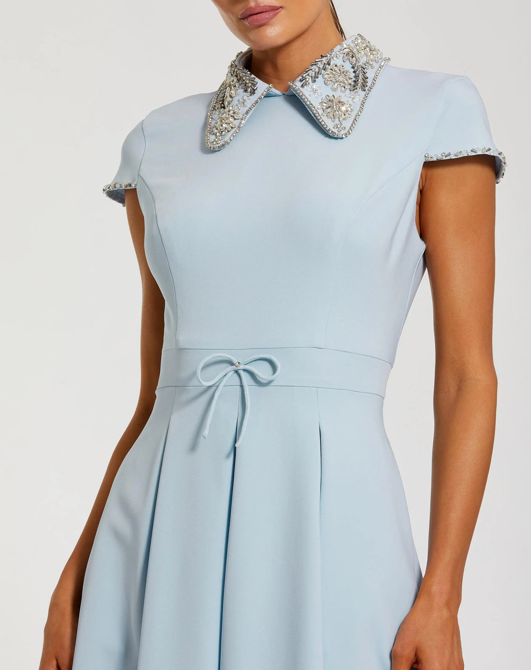 Blue Crepe Short Sleeve Midi Dress With Beading - FOSTANI.com