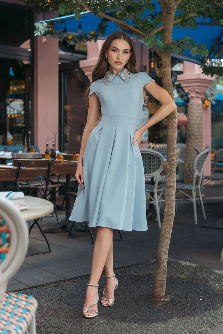 Blue Crepe Short Sleeve Midi Dress With Beading - FOSTANI.com