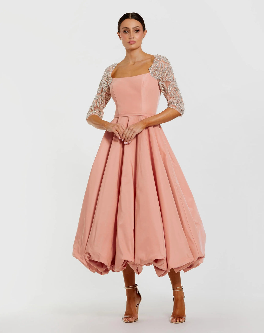 Pink Bubble Hem Midi Dress With Embellished Sleeves - FOSTANI.com