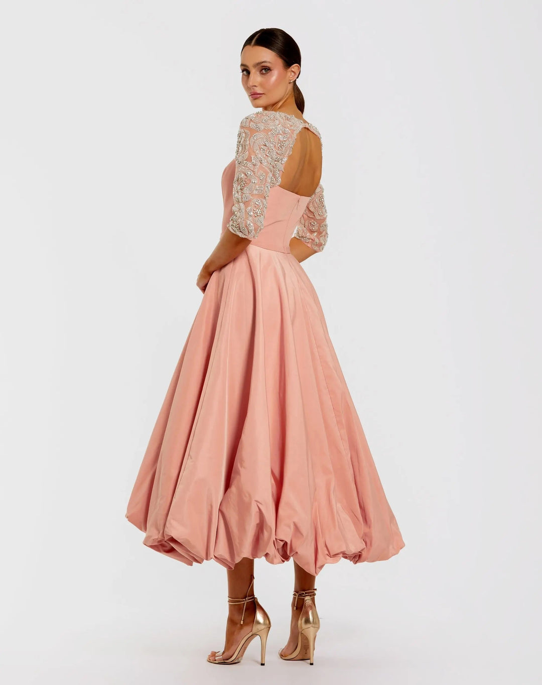 Pink Bubble Hem Midi Dress With Embellished Sleeves - FOSTANI.com