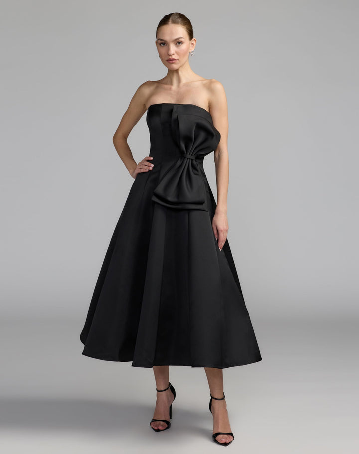 Mac Duggal 2328 Strapless Satin A-Line Midi Dress With Bow