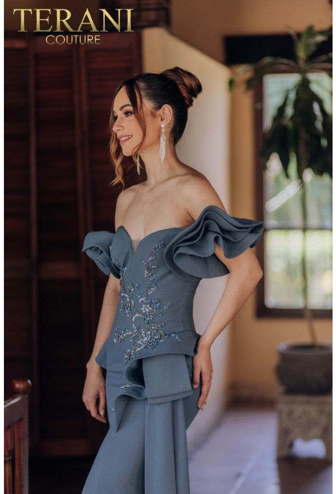 terani couture off the shoulder dress TERANI 232M1559 DRESS DENIM / 6