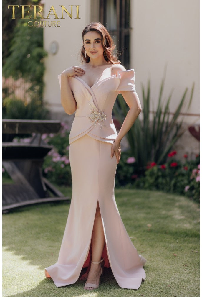 terani couture formal dress Terani Couture 241M2715 A-Line Off-Shoulder 3/4 Sleeve Dressess Silver Black Column Evening Dress Silver Black / 6