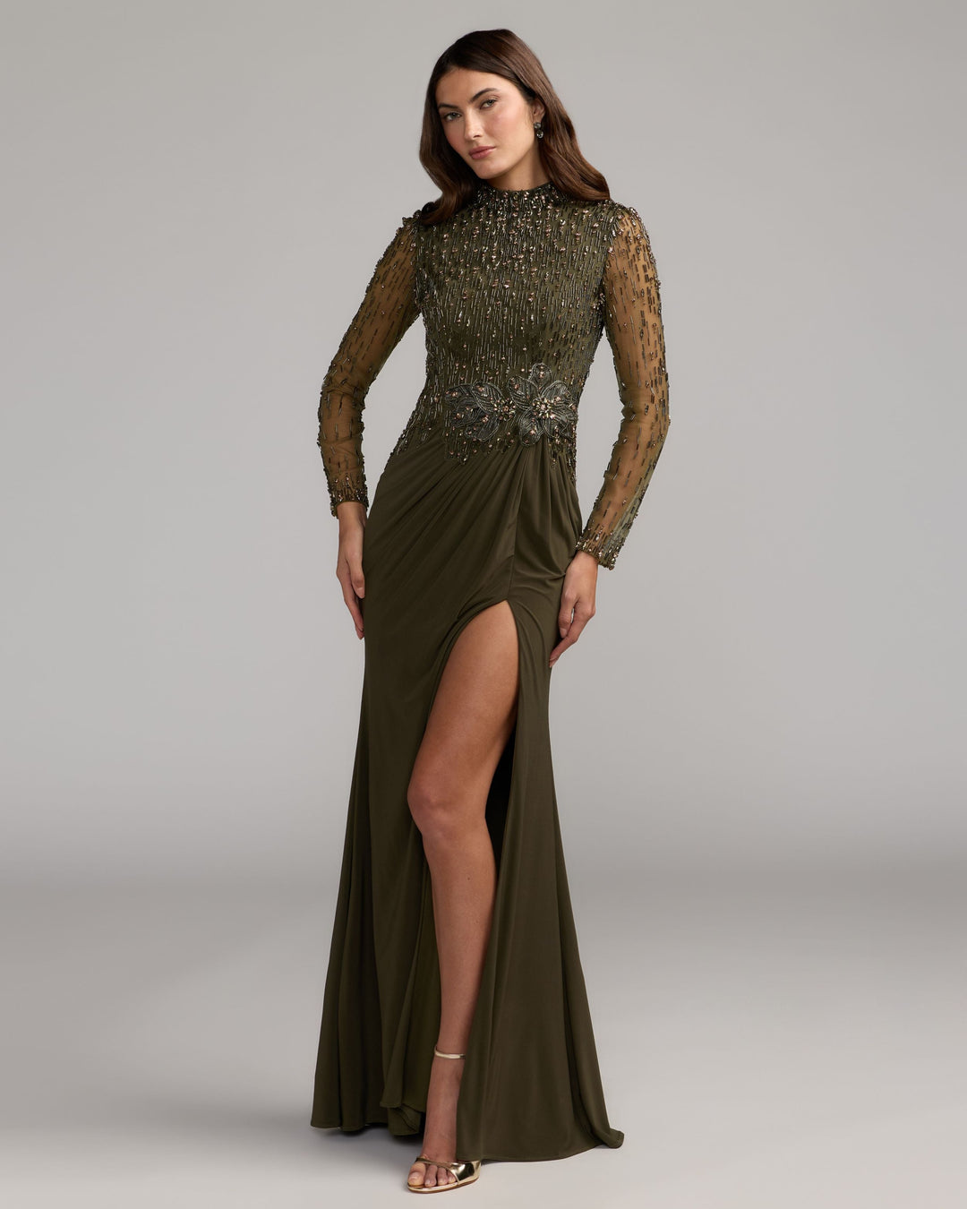 Mac Duggal 2341 Beaded Mock Neck Long Sleeve Jersey Gown