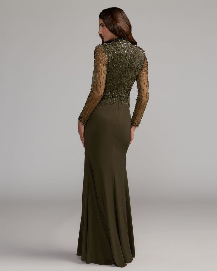 Mac Duggal 2341 Beaded Mock Neck Long Sleeve Jersey Gown