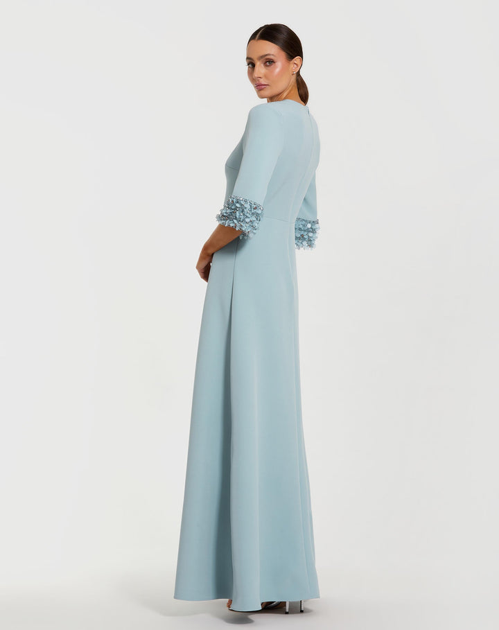 Blue A-Line Crepe Gown With Embellished 3/4 Sleeves - FOSTANI.com