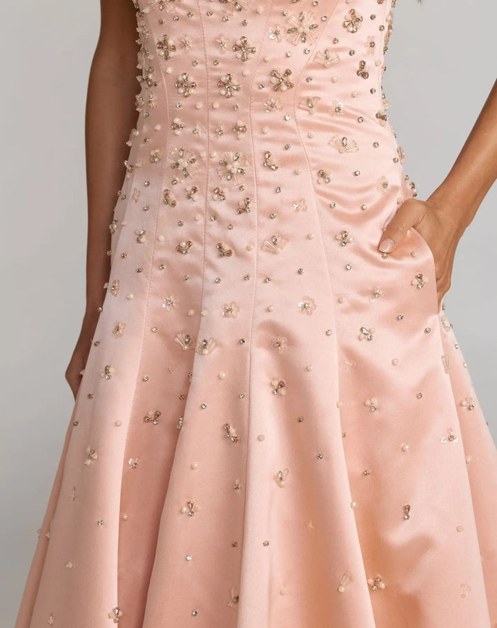 Pink Strapless Embellished Satin Ball Gown With Pockets - FOSTANI.com