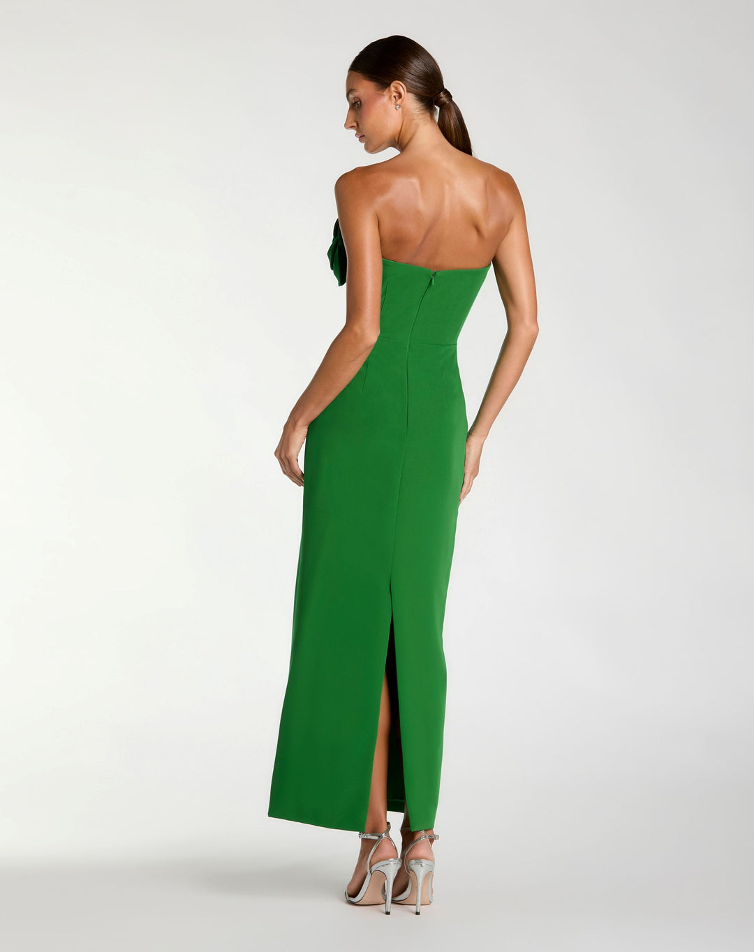 Green Strapless Crepe Dress With 3D Flower Detail - FOSTANI.com