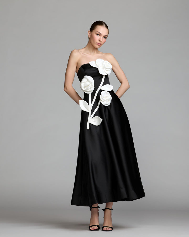 Mac Duggal 2362 Black Strapless Satin A-Line Dress With 3D Flowers