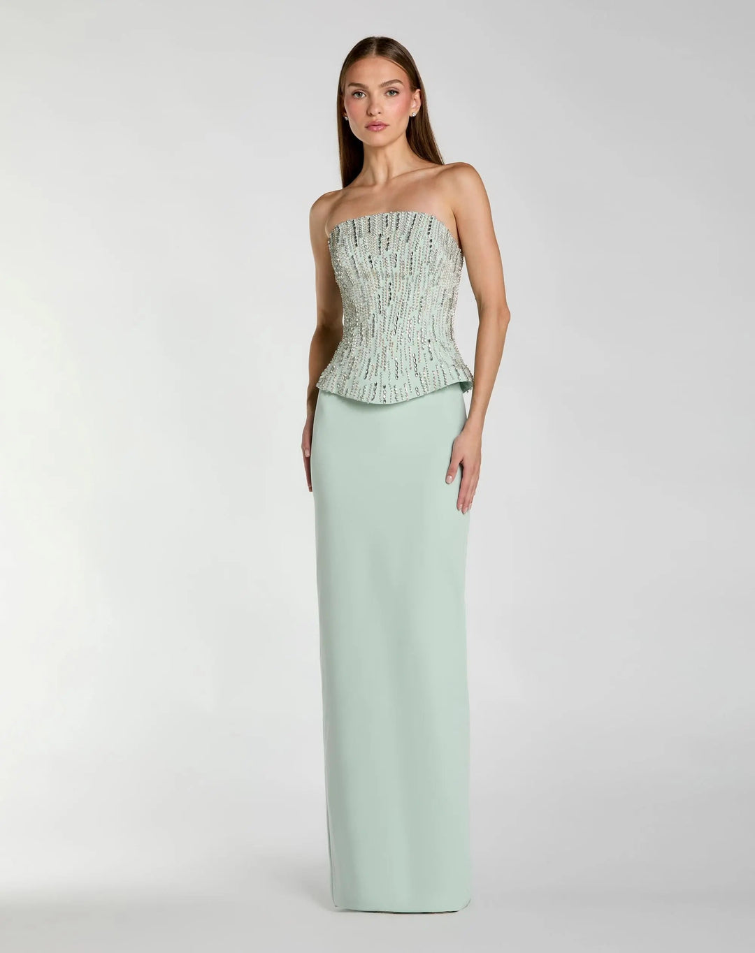 Green Embellished Crepe Strapless Column Gown - FOSTANI.com