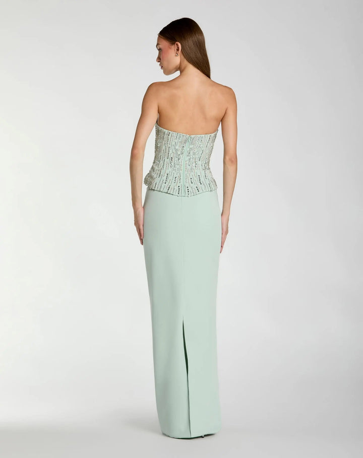 Green Embellished Crepe Strapless Column Gown - FOSTANI.com