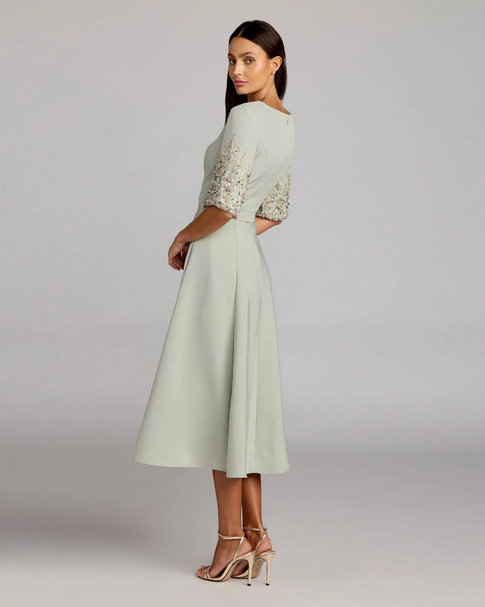 Green Crepe A Line Midi Dress With Beaded Sleeves - FOSTANI.com