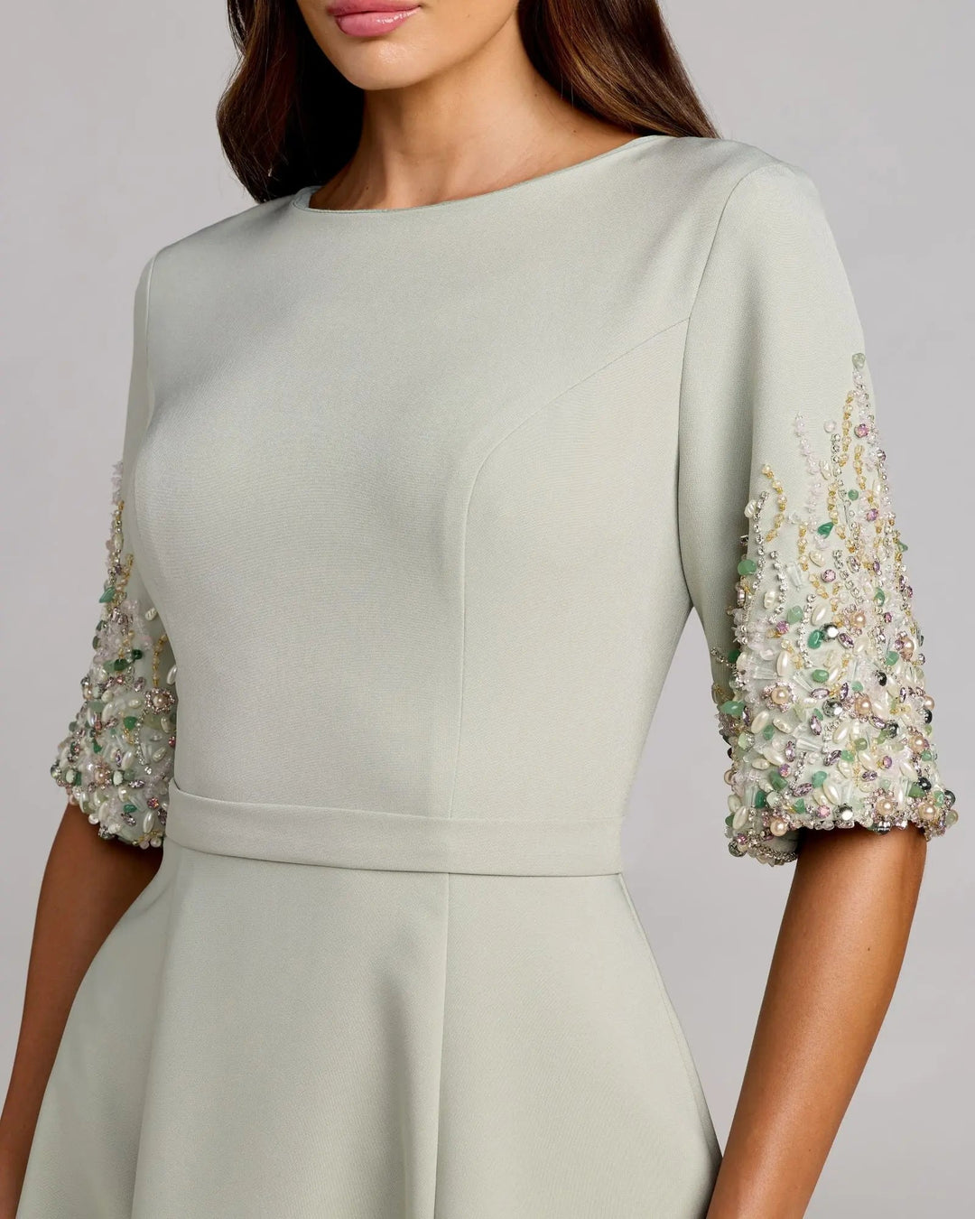 Green Crepe A Line Midi Dress With Beaded Sleeves - FOSTANI.com