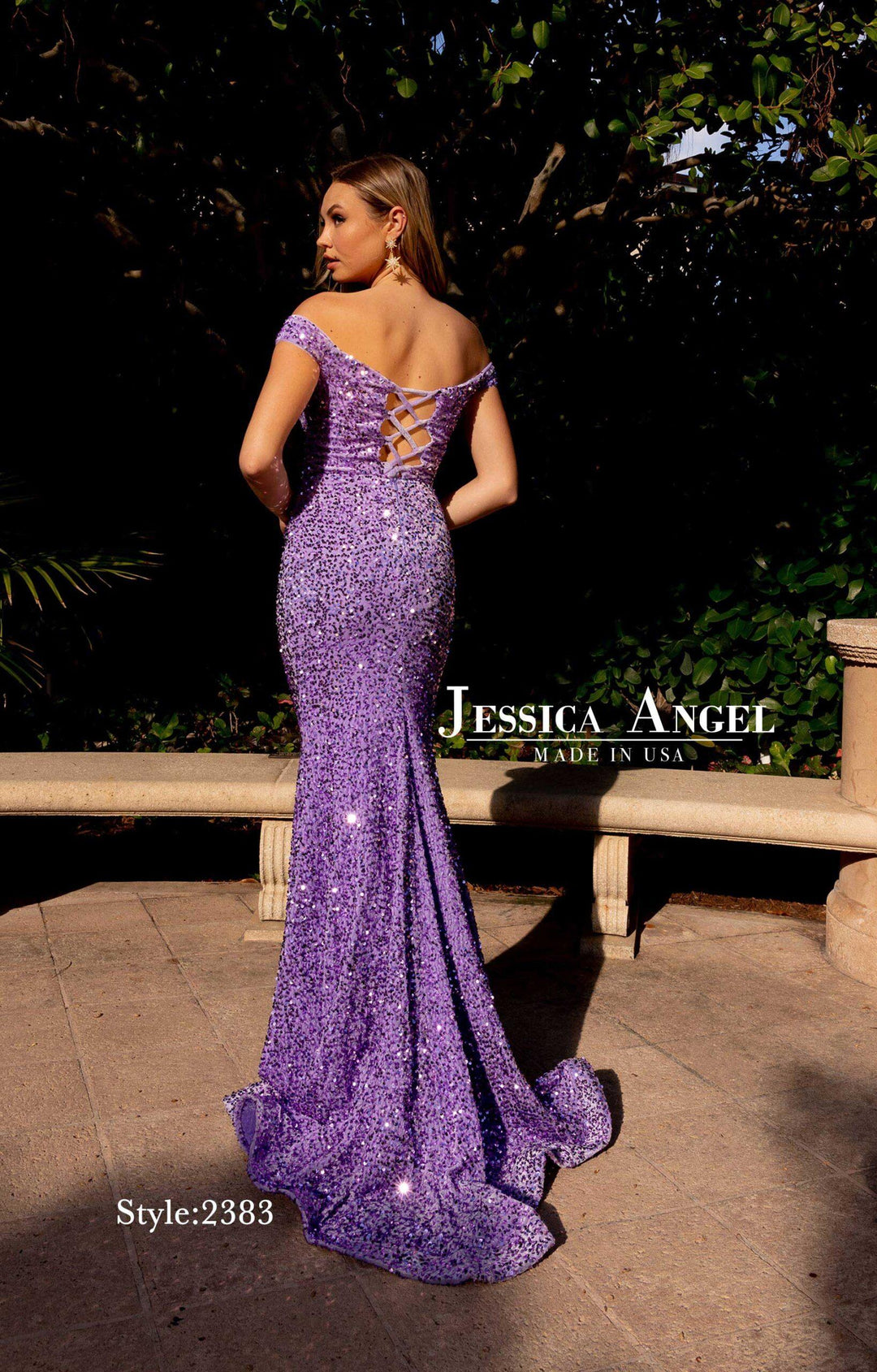 Jessica Angel 2383 lace-up back velvet sequin gown back view