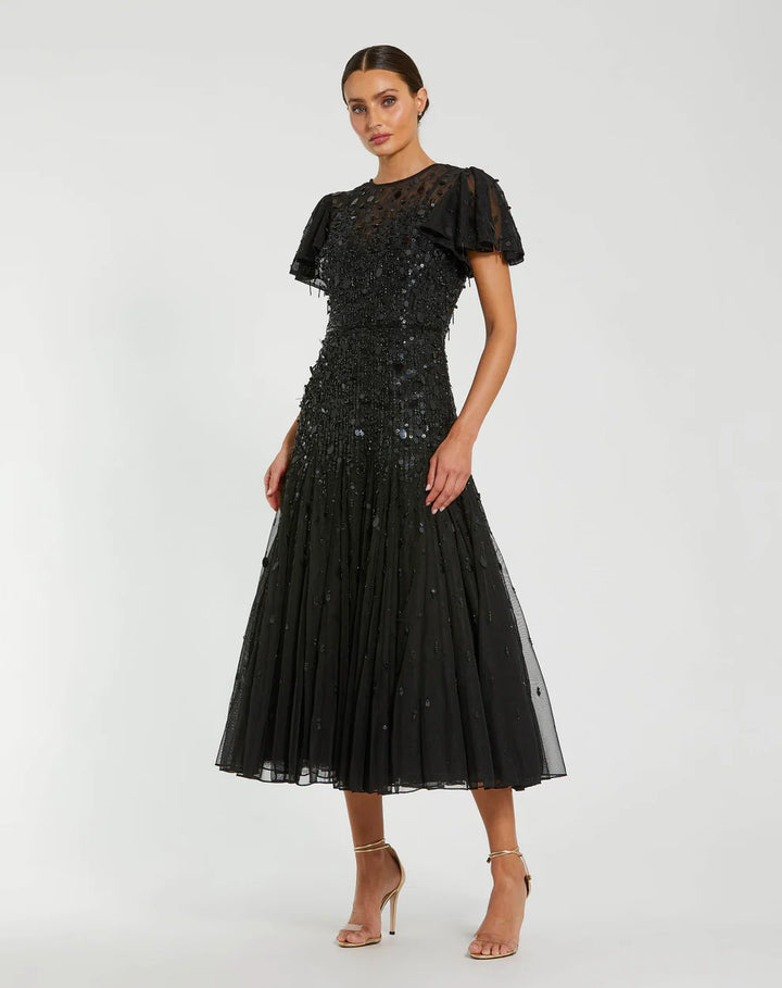 Mac Duggal 24018 Brown High Neck Flutter Sleeve Embellished Midi Dress