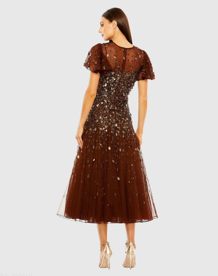 Mac Duggal 24018 Brown High Neck Flutter Sleeve Embellished Midi Dress