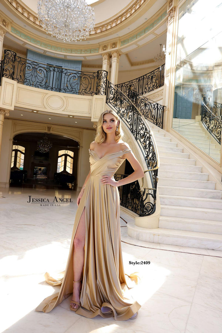 Jessica Angel 2409 jersey A-line gown front view 3