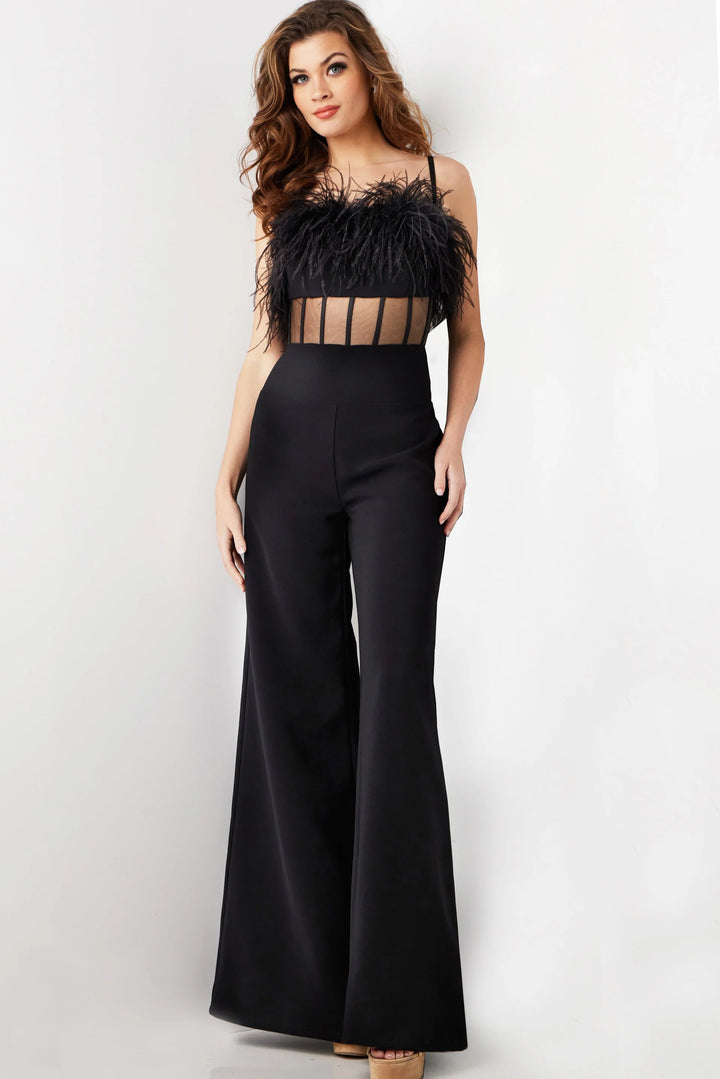Jovani 24144 Black Sheer Bodice Spaghetti Straps Jumpsuit