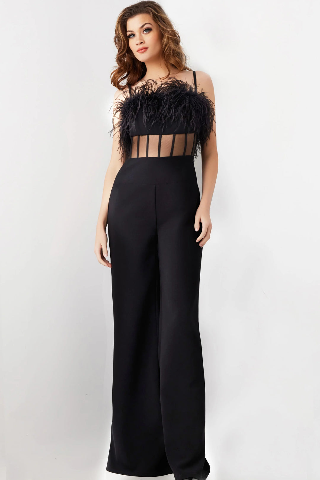 Jovani 24144 Black Sheer Bodice Spaghetti Straps Jumpsuit