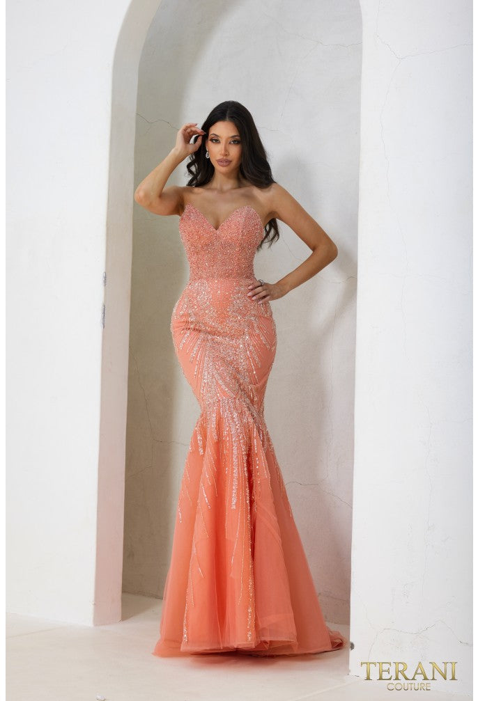 terani mermaid dress Terani Couture 241P2171 Sophisticated Prom Strapless Mermaid Long Formal Tulle Dress