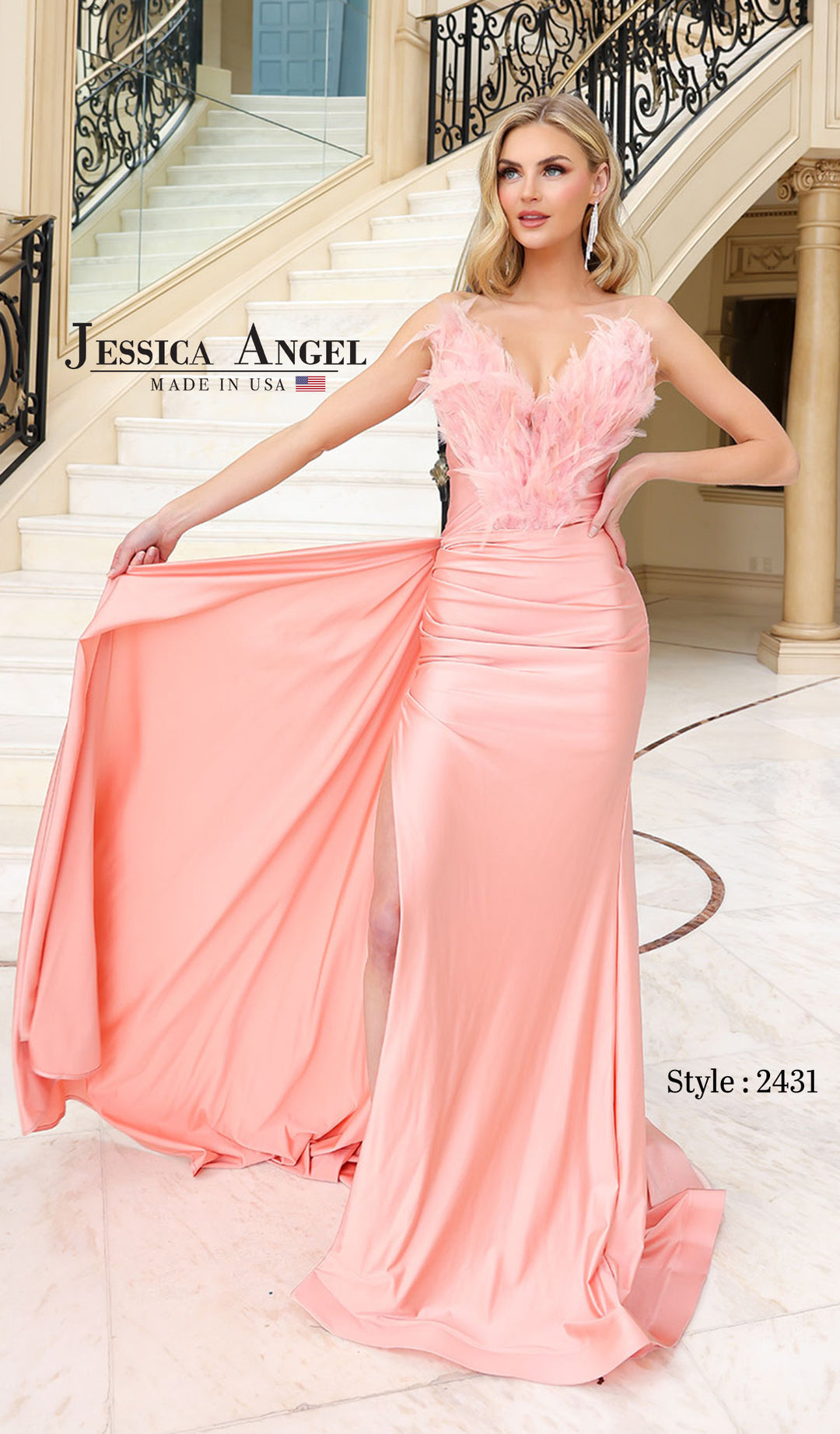 Jessica Angel 2431 feather bodice gown with overskirt front view