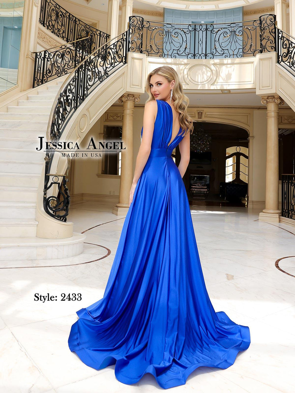 Jessica Angel 2433 V-back A-line gown with train back view